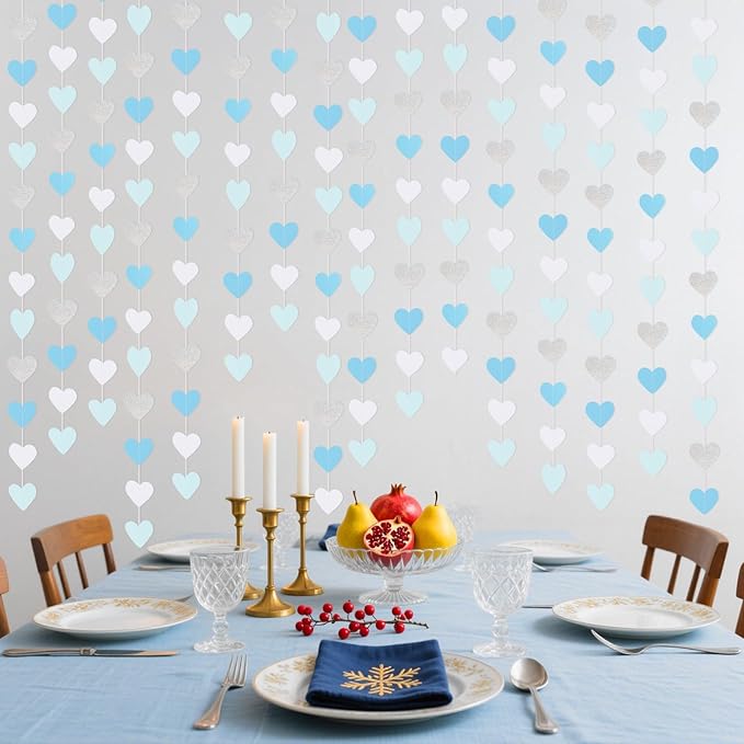 GCQQ Light Blue White Party Decoration - 52FT Glitter Blue Sliver Heart Garland 4 Packs Boy Girl Birthday Hanging Streamers for Valentine's Day Wedding Bachelorette Bridal Baby Shower Graduation Decor