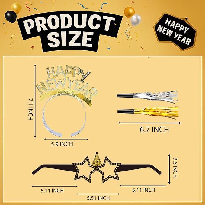 New Years Eve Party Supplies 2026 – 48 PCS Celebration Kit with Headbands, Glasses, Necklaces, Noise Makers& Wristbands – Gold Silver Happy New Year Decorations