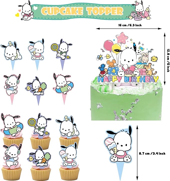 Pochacco Birthday Party Decorations, Kawaii Cartoon Party Supplies with Banner, Cupcake Cake Toppers and Foil Balloons Party Favors for Fans Birthday Background Decorations