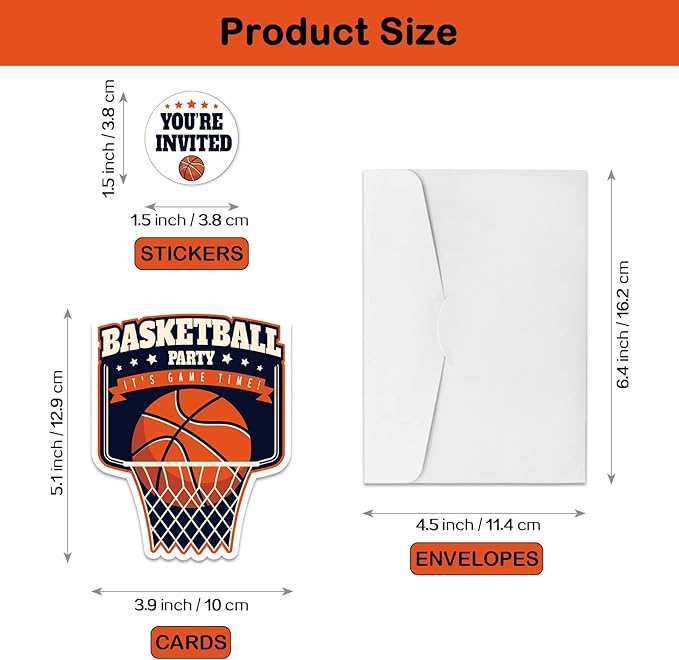 REWIDPARTY Basketball Party Invitations with Envelopes & Stickers（Set of 15） Basketball Birthday Party Shaped Fill-in Invitations Basketball Game Invite Card Basketball Party Supplies for Kids Adults