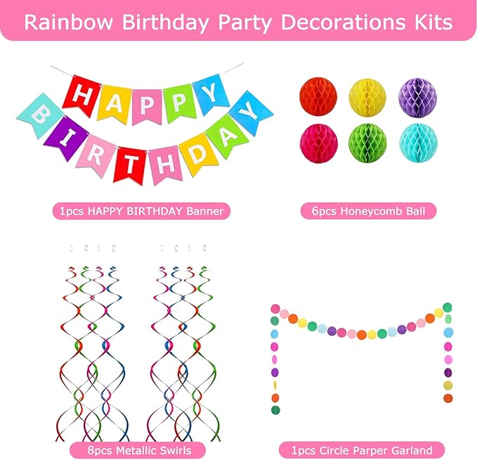 Happy Birthday Banner, Rainbow Birthday Banner, 6 Honeycomb Balls, 8 Metallic Hanging Swirls and Circle Parper Garland, Happy Birthday Decorations