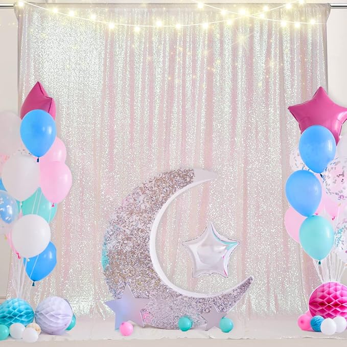 PartyDelight Iridescent White Sequin Backdrop 7x7ft - High Density 3mm Shimmer Sequin Background with 4-Inch Rod Pocket, Sparkly Photography Curtain for Birthday, TikTok & Live Decor