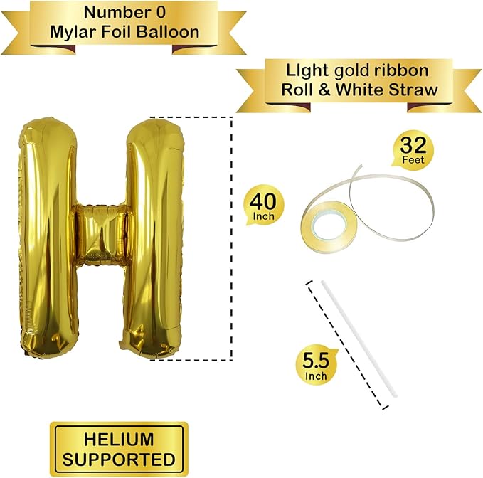 Letter Balloons Gold Party Balloon - 40 Inch Large Gold Letter H Balloon, Letter Balloon Birthday Decorations, Balloon for Women Men Anniversary Party Decorations Supplies