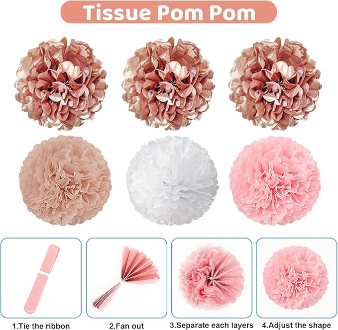 Ouddy Party Rose Gold Baby Shower Decorations for Girl with Welcome Baby Banner Baby Girls Rose Gold Pink Gold White Foil Balloons Fringe Curtains Paper Pom Poms for Baby Shower Reveal Party Supplies