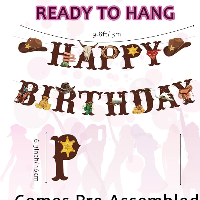 Western Cowboy Theme Wild West Party Decoration,Pre-Strung Happy Birthday Banner,Retro Horse Rodeo Party Supplies for Boys,Cowboy Hat Horses Garland for Boys Birthday Party