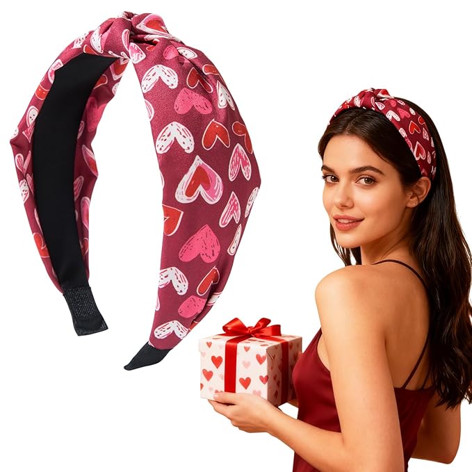 Valentines headband Non Slip Cute Knotted Headbands with Heart Love designs Fashion Women Head Band for Hair Wide Top Knot Headbands for Women Holiday Party Head wear Accessories Supplies Gift 1pcs