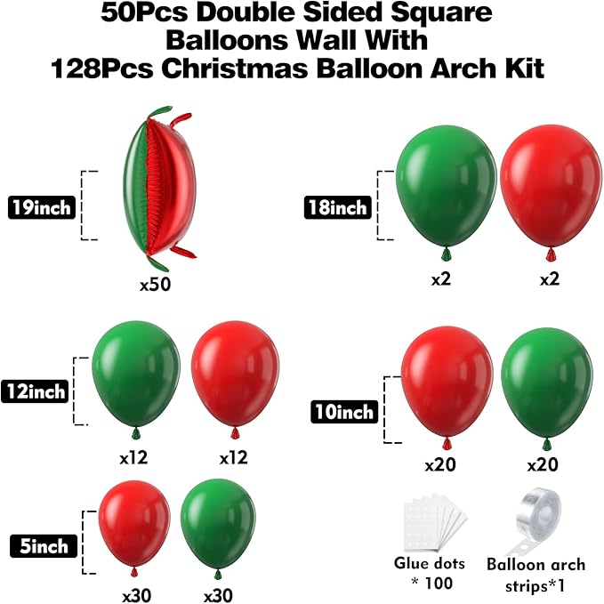 50pcs Red and Green Square Foil Balloons Wall Backdrop with 128pcs Balloon Garland Arch Kit, Christmas Balloons Decorations, Double Sided Balloon for Christmas New Year Xmas Party Decorations