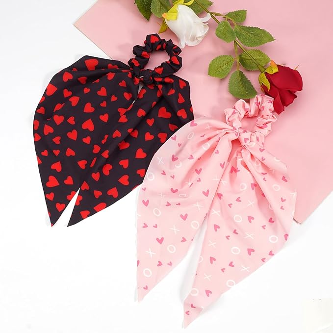 Valentines Hair Ties for Woman Girls Red Heart XOXO Ribbon Valentine's Day Hair Scrunchies Elastic Pink Love Hair Tie Party Supplies Hair Accessories 2PCS