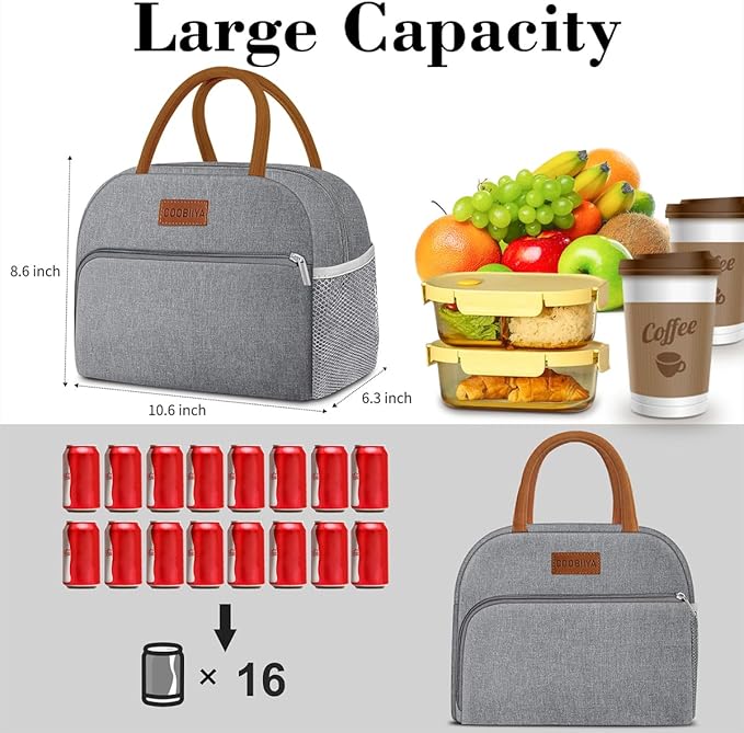Coobiiya Lunch Bag Lunch Box for Women Men,Small Leak-proof Cute Lunch Tote Large Capacity Reusable Insulated Cooler Lunch Container for Work/Office/Picnic/Beach，Grey