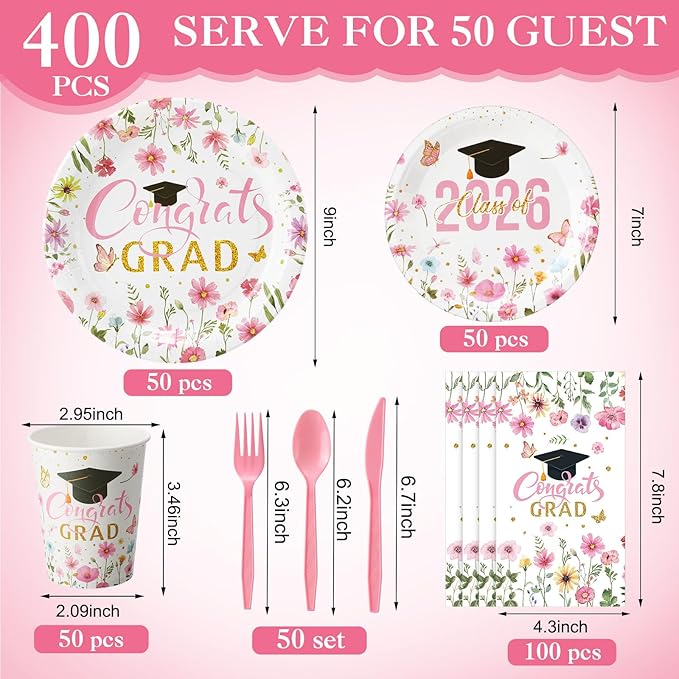 400 Pcs Class of 2026 Pink Floral Graduation Decorations for 50 Guests, Pink Gold Flower Graduation Paper Plates Napkins and Cups Cutlery Grad Tableware for 2026 Congrats Grad Party Supply