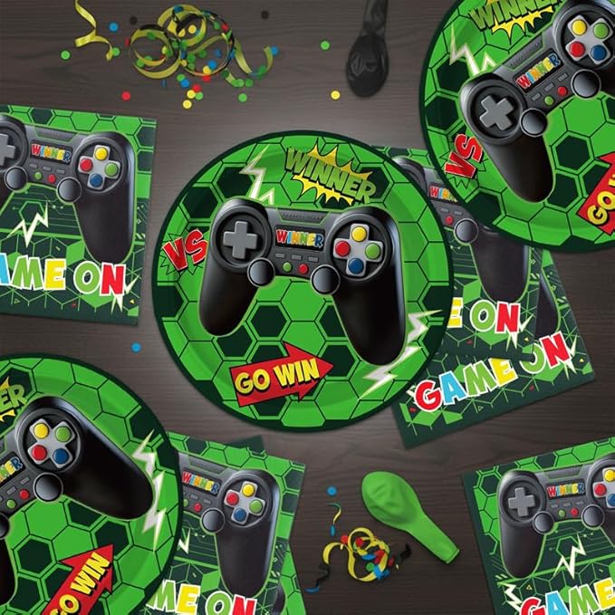 40Pcs Green Video Game Birthday Party Plates and Napkins for 20 Guests Tableware Video Game Supplies for Kids Boys Baby Shower Birthday Party Decorations