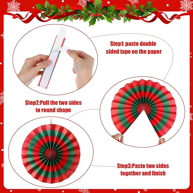 Outus 25 Pcs Christmas Party Decorations Supplies Merry Christmas Party Banner Red Green White Xmas Paper Fans Flower Pom Poms Hanging Swirls Pennant Circle Dots Garland for Xmas Birthday Decor