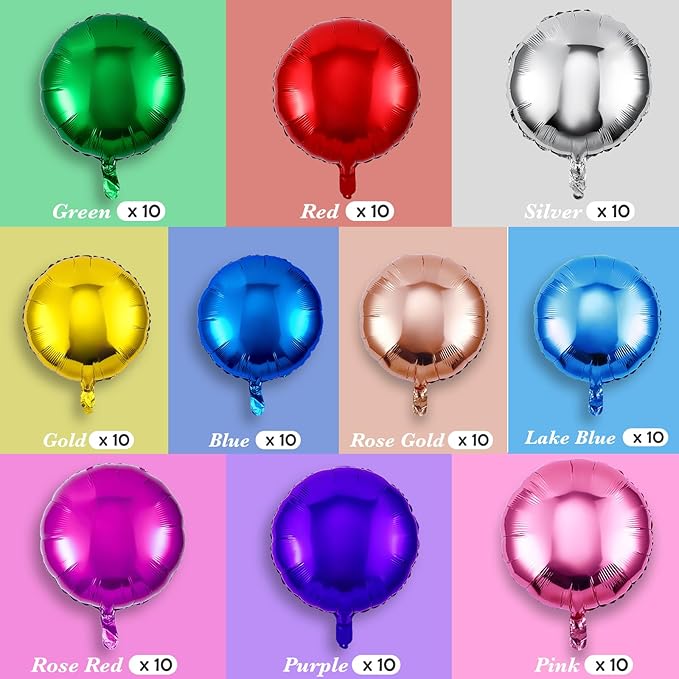Deekin 100 Pcs 18 Inch Round Foil Balloons Aluminum Foil Helium Balloons Bulk for New Year Party Birthday Baby Shower Graduation Wedding Decor(Mixed Colors)