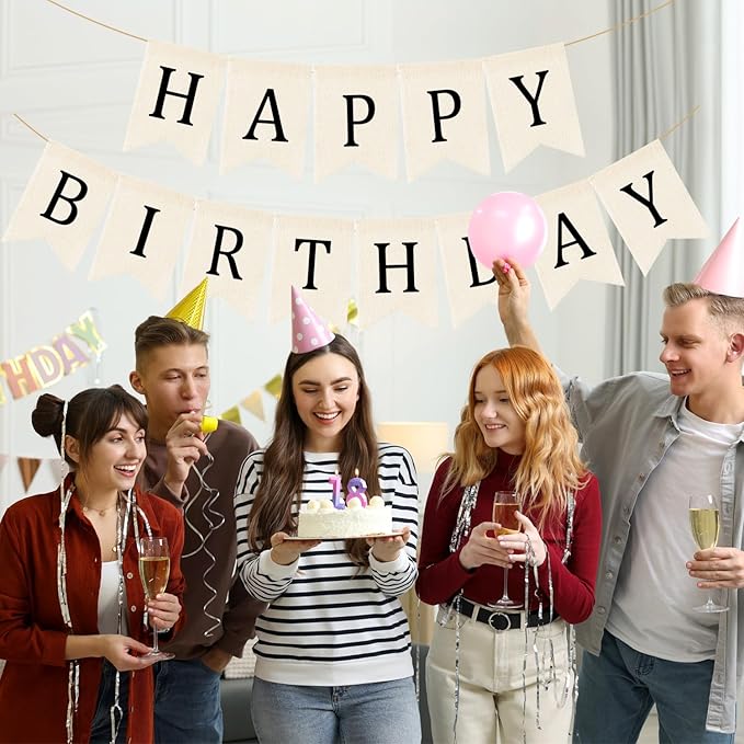 Domeny Happy Birthday Burlap Banner Boho Birthday Bunting Banner Black Bohemian Birthdays Bunting Garland Rustic White Birthday Party Hanging Garland for Women Men Birthday Kid Photo Backdrop