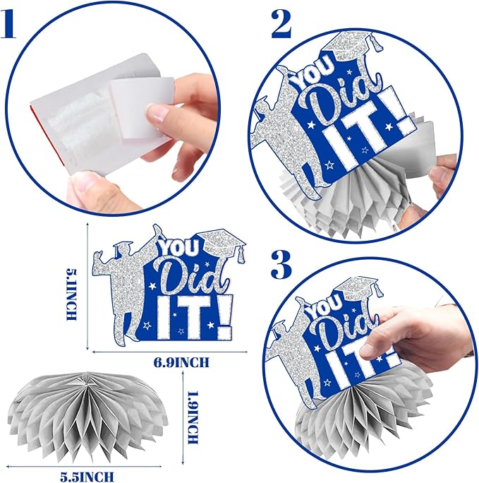 12pcs Graduation Table Decorations 2026,Silver and Blue Graduation Decorations 2026 Graduation Centerpieces for Tables,Class of 2026 Centerpieces Honeycomb for Congrats Grad Table Decor