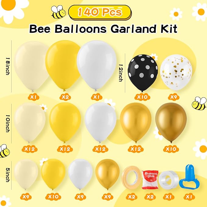 VinTS 140 Pcs Bee Balloons Garland Kit,Yellow Black White Balloons with Bee Stickers Gold Confetti Daisy Foil Balloons for Honey Bee Birthday Baby Shower Spring Theme Party Decoration