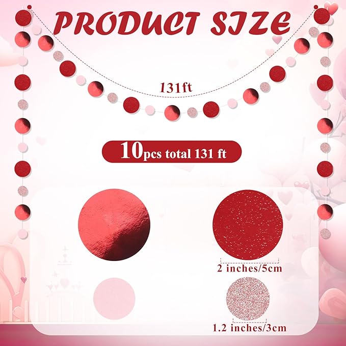 Outus 10 Pieces Red,Pink Round Dots Garland Easter Graduation Party Hanging Decor Each Length 13.1ft Glitter Paper Dot Streamers for Birthday Wedding Classroom