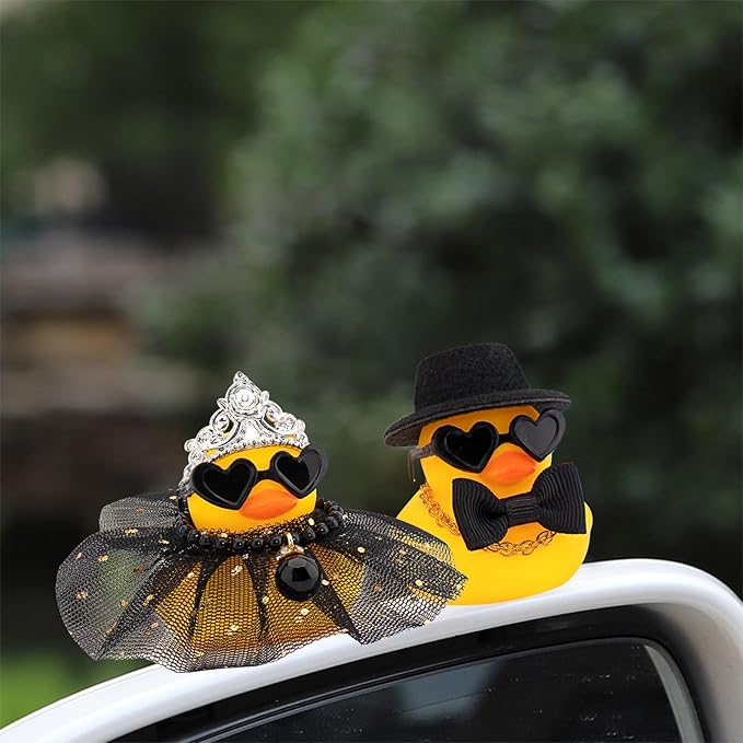 wonuu Pair Set of 2 Wedding Rubber Ducks, Bride Groom Duckies Marriage Rubber Duck Mini Couple Ducky for Ceremony Gift Souvenir Marry Blessings Elegant Heartwarming Present, Black