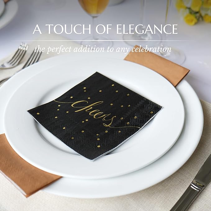 Black & Gold Disposable Party Napkins - 3 Ply, Pack of 100 for Bar, Cocktail, Bachelorette Parties