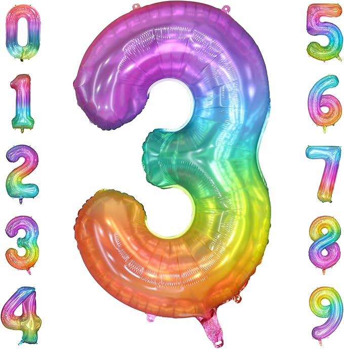40 Inch Rainbow Number Balloon 3, Large Number Foil Balloons Mylar for Girl Boy Birthday Party Celebration Decorations Supplies, Digital Balloons for Wedding Anniversary Events Decorations