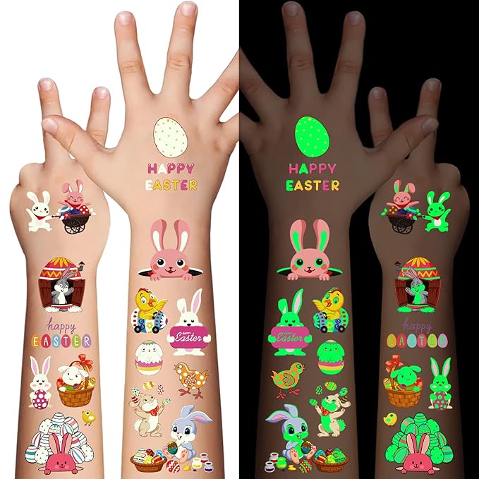 80Pcs Easter luminous temporary tattoos for kids,Glow in The Dark Easter Basket party Tattoos stickers, dwarf colored egg carrot rabbit egg facial makeup Tattoos, holiday party Supplies Favors Gifts