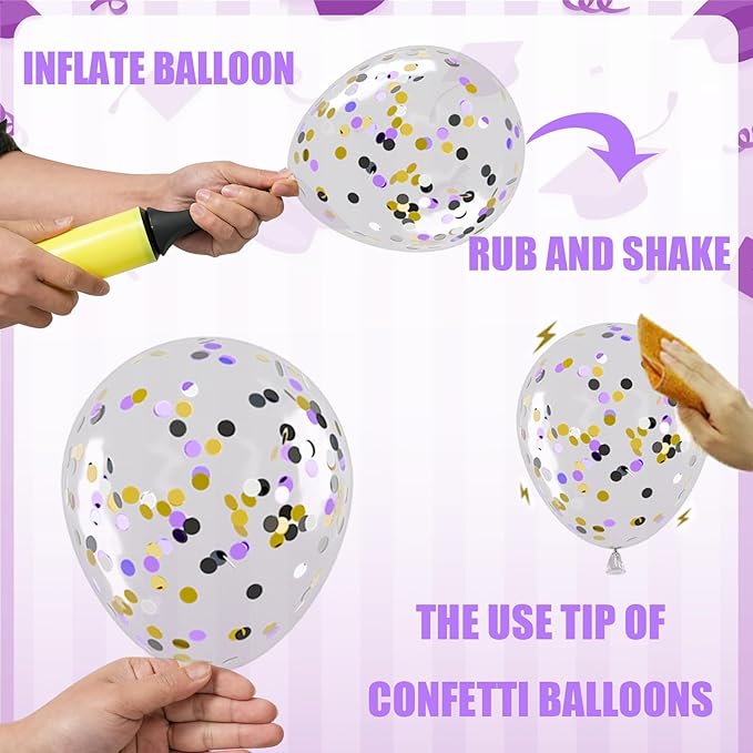 OuMuaMua 74 Pack Graduation Party Decorations Balloons Set - 12 Inch Black Purple Metallic Gold White Confetti Graduation Balloons for Class of 2026 Grad Birthday Party Decor Supplies