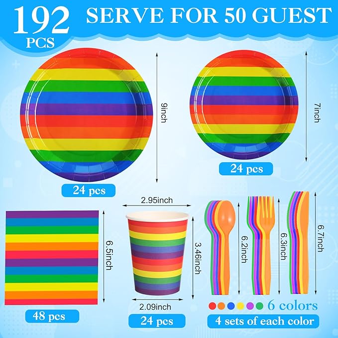 Party Decorations Supplies Paper Plates Napkins and Cups Cutlery (192, Rainbow, Pride)