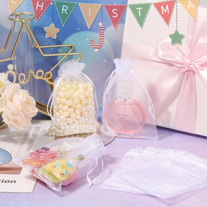 Hopttreely 100PCS Premium Sheer Organza Bags, White Wedding Favor Bags with Drawstring, 4x4.72 Jewelry Gift Bags for Party, Jewelry, Christmas, Festival, Bathroom Soaps, Makeup Organza Favor Bags Easter Gifts