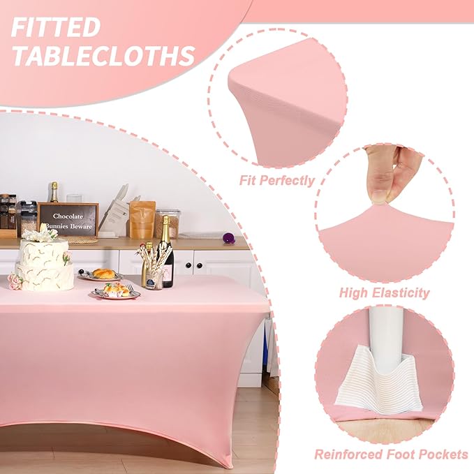 Fixwal 3 Pack Pink Table Cloths Rectangle 6FT, Tablecloths Rectangular Stretch Spandex Fitted Table Covers 6 FT for Valentine's Day, Parties, Banquet, Weddings, Buffet, Graduation Decorations