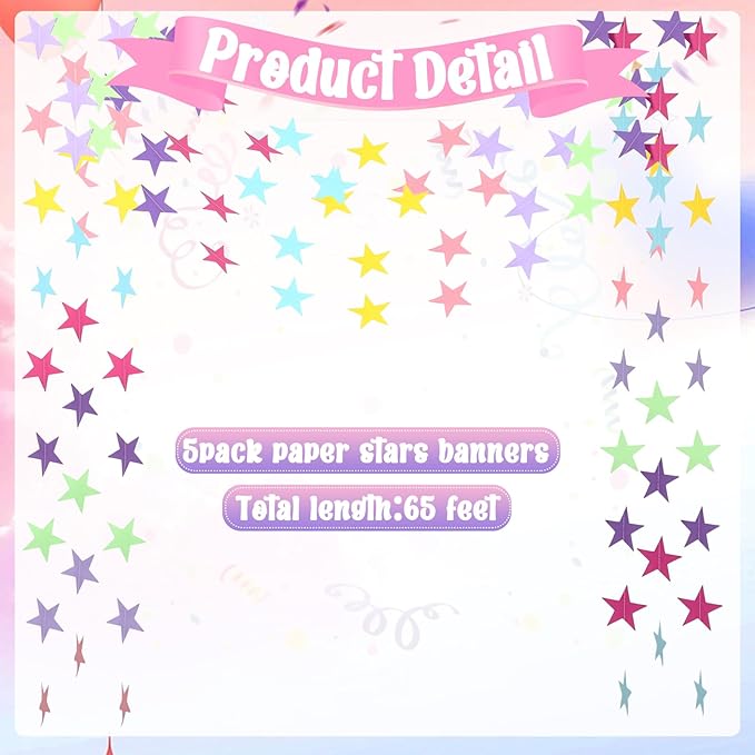 Spakon 65 Feet Glitter Star Paper Garland Banner Hanging Decoration Star Streamers Double Side 2026 Graduation Decorations for Wedding Birthday Festival New Year Party Decoration (Pastel)