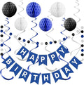 Blue Birthday Decorations,Blue and White Happy Birthday Banner with Honeycomb-Style Decorative Balls,Feet Circle Dot Garland,Stars Swirls Streamers,Blue Birthday Decorations for Men Women Boys Girls