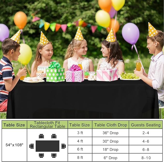 Smiry Disposable Table Cloth - 6 Pack, 54 x 108 Inch Waterproof Rectangle Tablecloths for Parties, Decorative Plastic Table Cover, Leakproof & Sturdy, Black