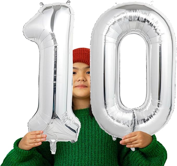 Number Balloons Silver Party Balloon - Giant Number 10 Balloon, 40 Inch Large Balloon for 10th Birthday Decorations, Silver Party Supplies for Anniversary