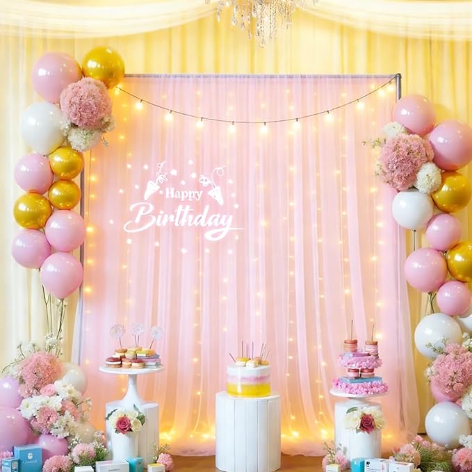 Pink Tulle Backdrop Curtains with Lights, Elegant Sheer Photo Backdrop Drapes, Soft Fabric & LED Curtain for Wedding Brithday Parties Photoshoot Background Decor, 10ftx8ft
