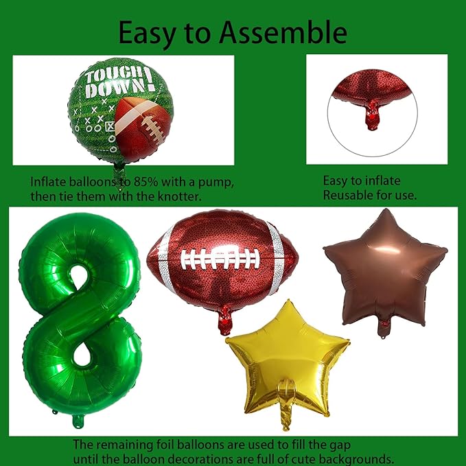 Football Balloons Foil Football Birthday Decorations Balloons Green Number 8 Balloon Gold Brown Star Touchdown Ballons for Rugby Birthday Decorations Sports Ballons Arch Kits Party Balloon Sets 9pcs