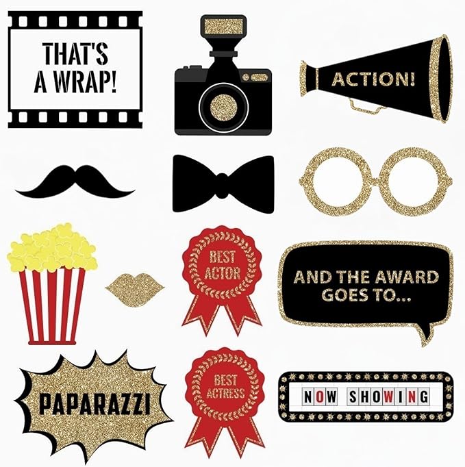 Fully Assembled Hollywood Photo Booth Props - Set of 27 - Black Gold Red Selfie Signs - Movie Night Themed Party Supplies & Decorations - Cute Oscars Designs with Real Glitter - Did We Mention No DIY