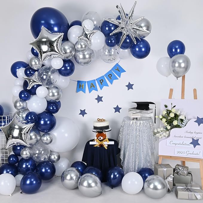 Blue Silver Balloon Garland Arch Kit, Navy Blue White Balloon Arch Kit, Metallic Silver Confetti Balloons Star Foil Balloons for Graduation Birthday Wedding Baby Shower Eid Ramadan Party Decorations