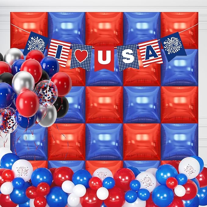 50PCS Blue Red Square Foil Balloon Wall, 19'' Reusable DIY Mylar Double Side Balloons Garland Tunnel Arch Kit for Anniversary Baby Shower Bachelorette Birthday Game Party Decor