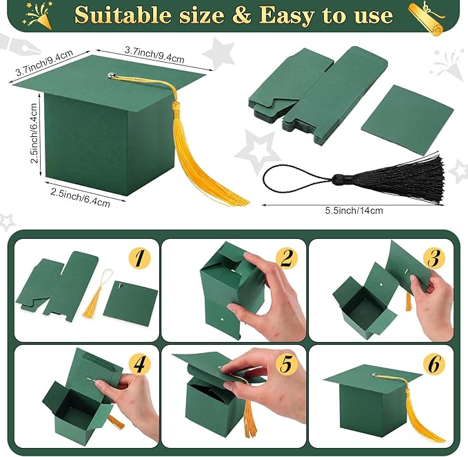 TaoBary 12 Pieces Graduation Candy Box Graduation Decorations Party Gift Boxes Graduate Cap Box Candy Chocolate Cookie Supplies for Ceremony Party(Green)