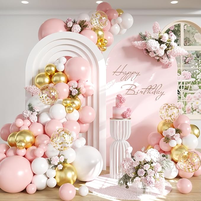 Pink and White Gold Balloons Garland Arch Kit with Stars 200Pcs - Girl Birthday Decorations 5 10 12 18 inch Balloon for Engagement Birthday Baby Shower Wedding Bridal Shower Party Decorations