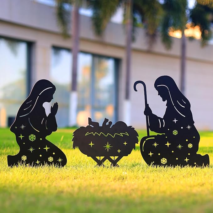 Nativity Scene Metal Garden Stakes Decorative Gifts for Women Men,Black Jesus Silhouette Statues Garden Decor for Yard Art, Pathway,Patio,Outdoor,Lawn Ornaments,Forests Decorations
