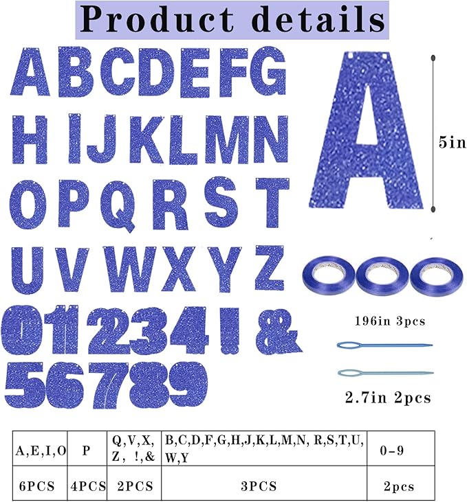 116 Pcs DIY Glitter Custom Banner Kit - Customize with 111 Letters and Numbers, 3 Rope, 2 Threading Devices for Personalized Decor - Halloween, Birthday (Blue)