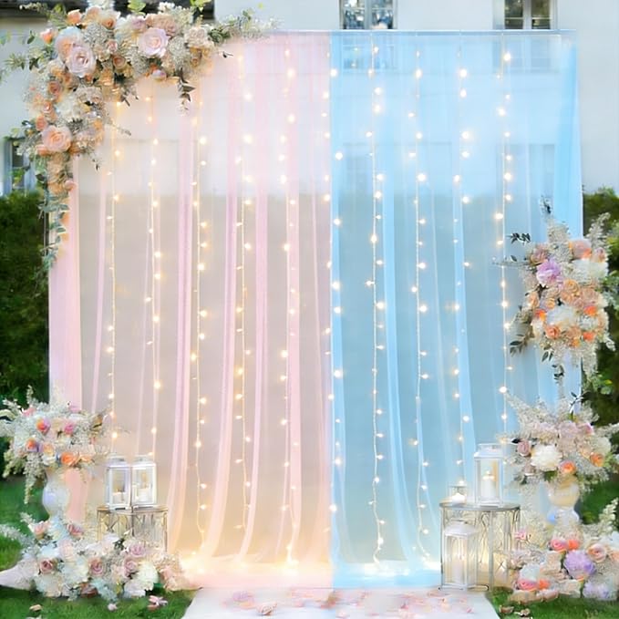 Pink and Blue Tulle Backdrop Curtain with Lights, Elegant Sheer Photo Backdrop Drapes, Soft Fabric & Lights Strings Curtain for Baby Shower Gender Reveal Weddings Brithday Parties Decor, 10ftx8ft
