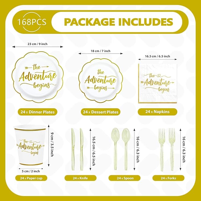 168Pcs The Adventure Begins Party Decoration Disposable White Gold Engagement Plates and Napkins Retirement Party Tableware Set For Graduation Retirement Wedding Bridal Shower Bachelorette Supplies