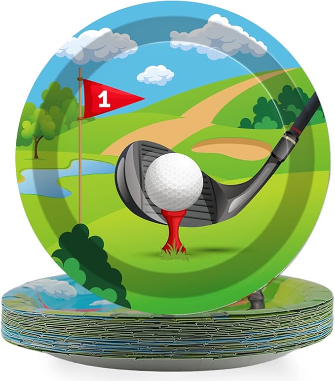 Wiooffen 48pcs Golf Party Plates 7" Golf Party Decorations Paper Disposable Dessert Tablewares Golf Balloons themed Sports Party Birthday Supplies Favors