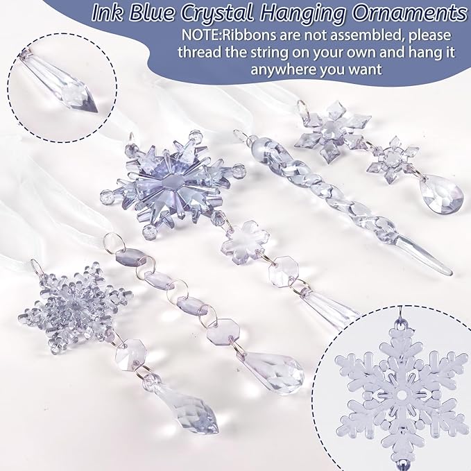 18pcs Crystal Christmas Ornaments for Christmas Tree Decorations-Royal Blue Hanging Acrylic Snowflake and Icicle Ornaments with Drop Pendants for New Year Party Decorations Supplies