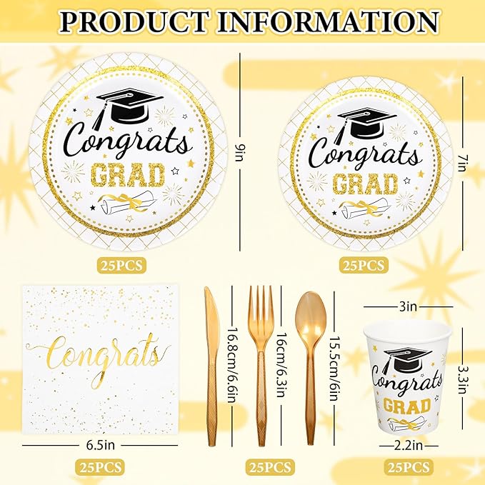 Whaline 175 Pcs Graduation Party Supplies, Paper Plates and Napkins Set, 25 Guests Gold Congrats Grad Disposable Tableware Include Plate Napkin Cup and Cutlery for Party Table Decor