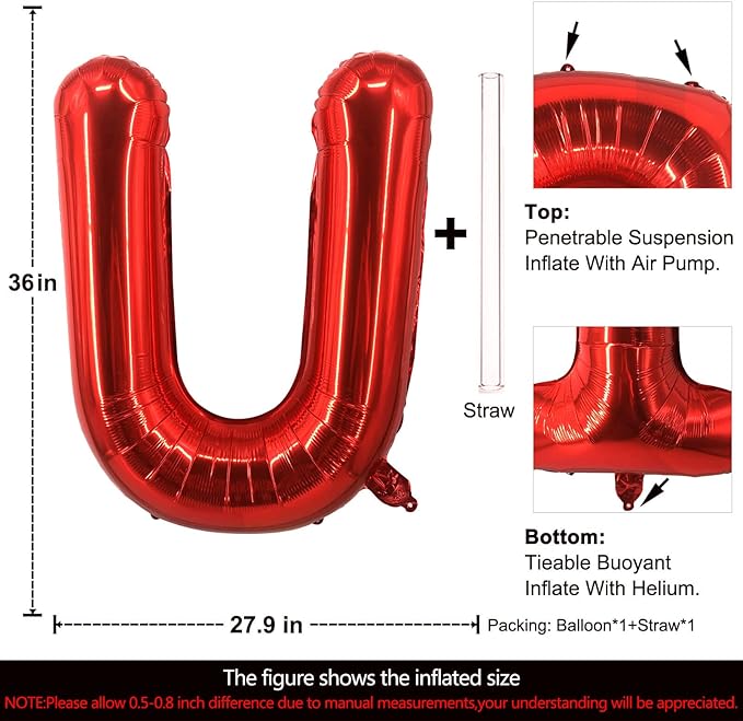 Lovoir 40 Inch Large Red Letter U Balloons Big Size Jumbo Mylar Foil Helium Balloon for Birthday Party Celebration Decorations Alphabet Red U