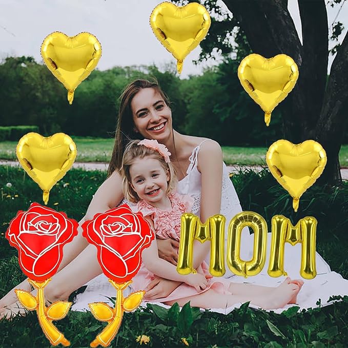 Gold Mom Balloons Gold Rose Heart Balloons Mother's Day Balloon for Mother's Day Party Decorations Theme Supplies Mom Party Balloon Set-10 PCS