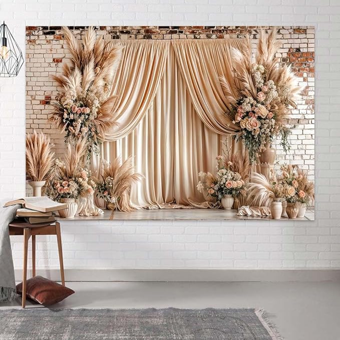 7X7ft Boho Floral Wedding Backdrop Wall Background Photography Beige Vintage Flowers Backdrops for Parties Wedding, Girls Birthday Princess Weeding Bridal Shower Floral Anniversary Ceremony Decor